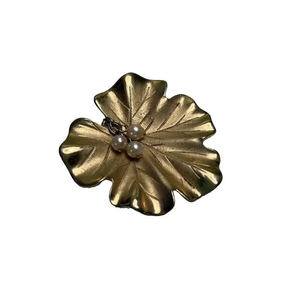 Vintage Capri Signed Leaf Brooch Faux Pearls Goldtone 1.75 Inch